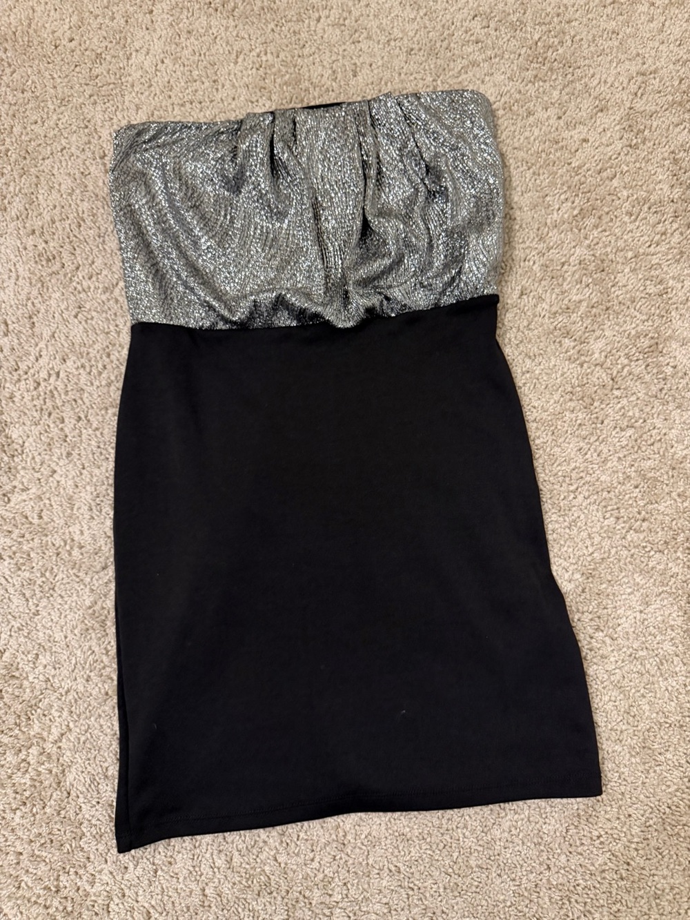 Strapless Black Mini Dress with Silver Metallic, Small!